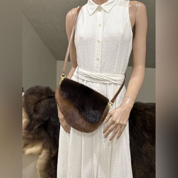 Brown Real Mink Fur Handmade Asymmetric Saddle Bag/Bumbag/Crossbody & 2 Straps - Picture 7 of 16